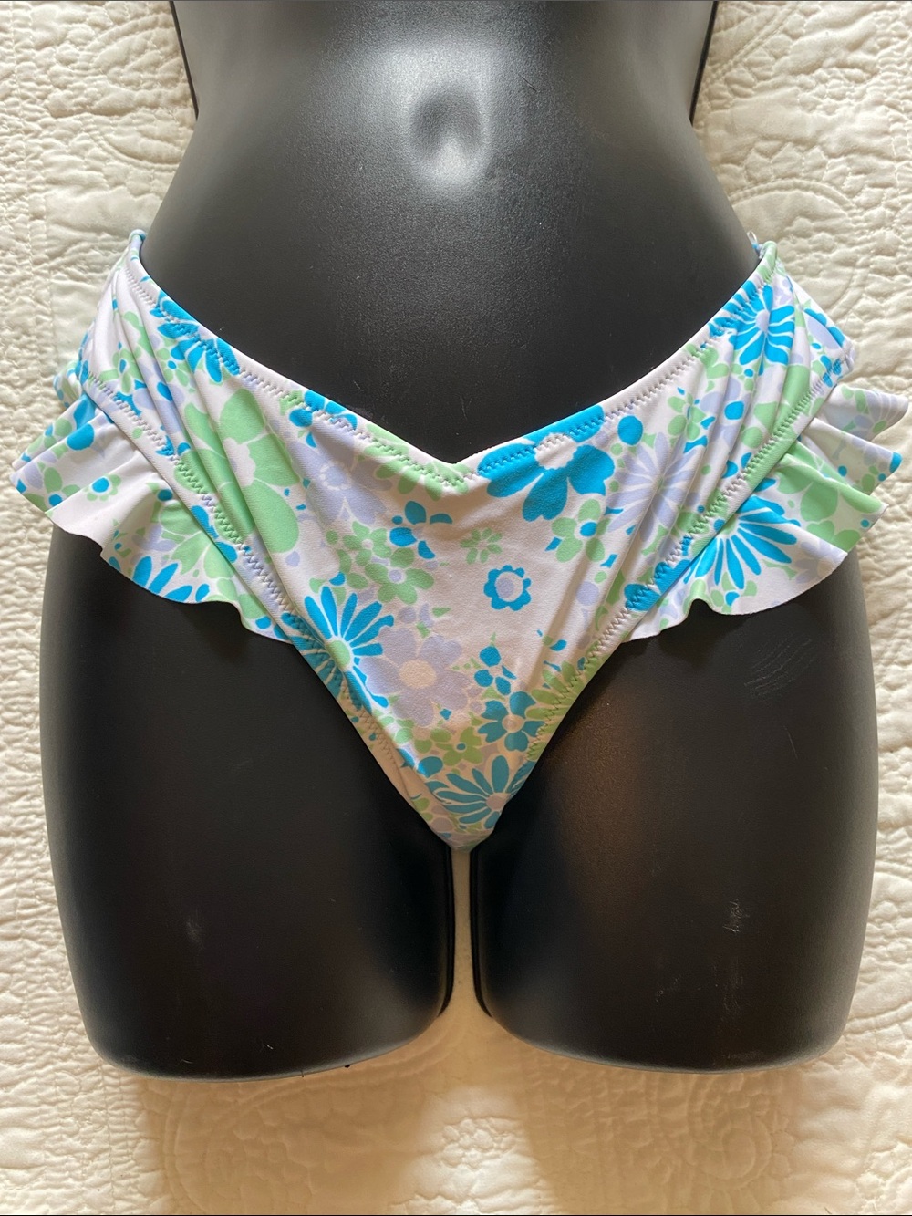 aerie  Mix and Match Floral Ruffle Bikini Bottoms in Blue, Green & White medium